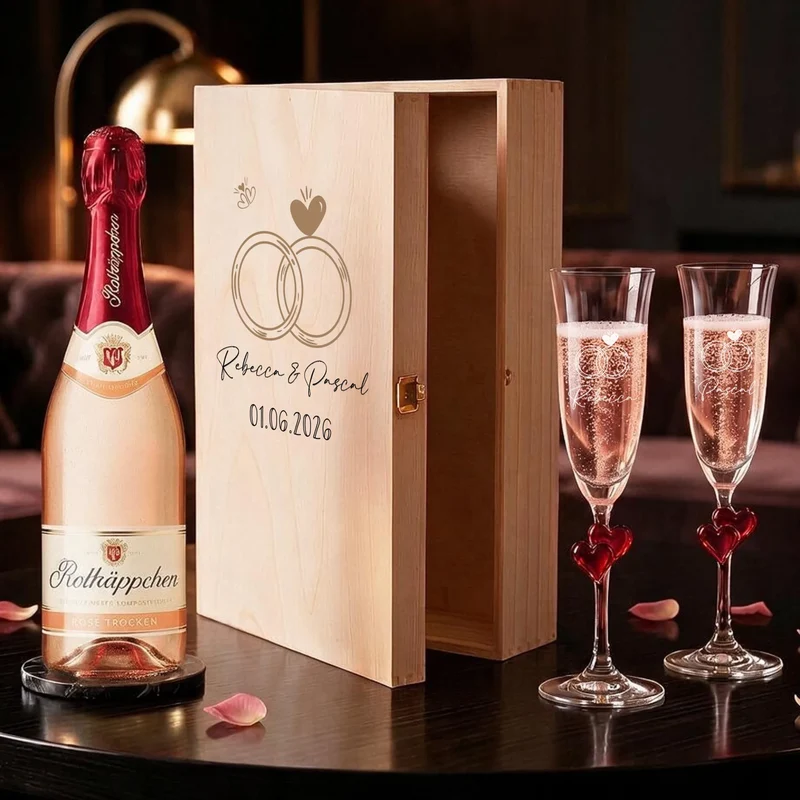 Sekt Hochzeitsgeschenk mit Sektgläsern in Holzbox personalisiert