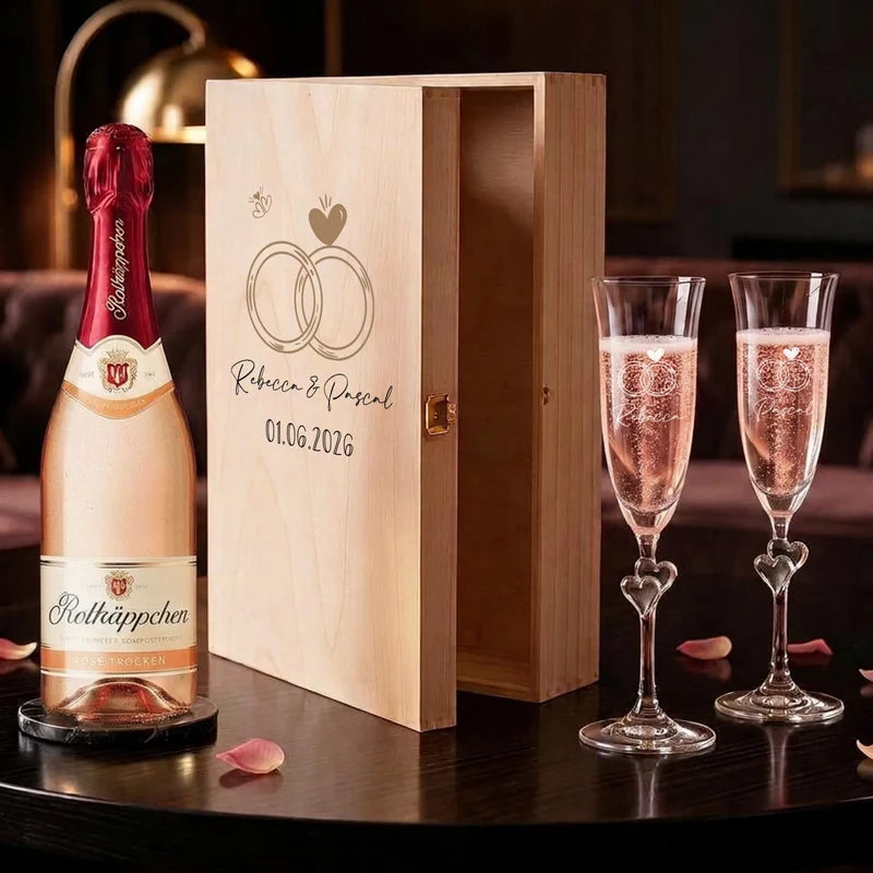 Sekt Hochzeitsgeschenk mit Sektgläsern in Holzbox personalisiert