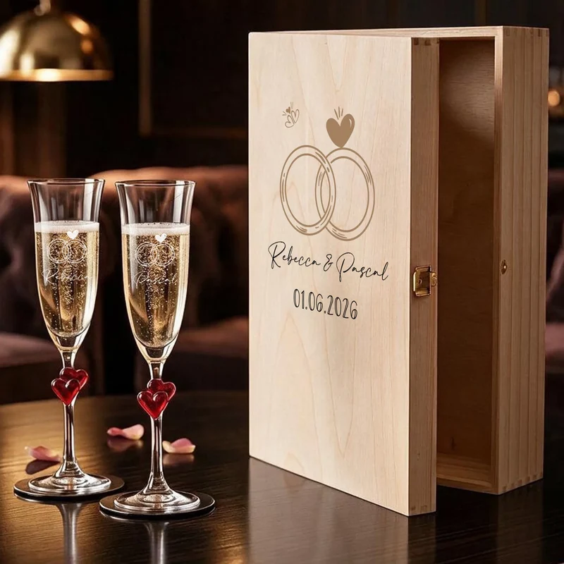 Sekt Hochzeitsgeschenk mit Sektgläsern in Holzbox personalisiert