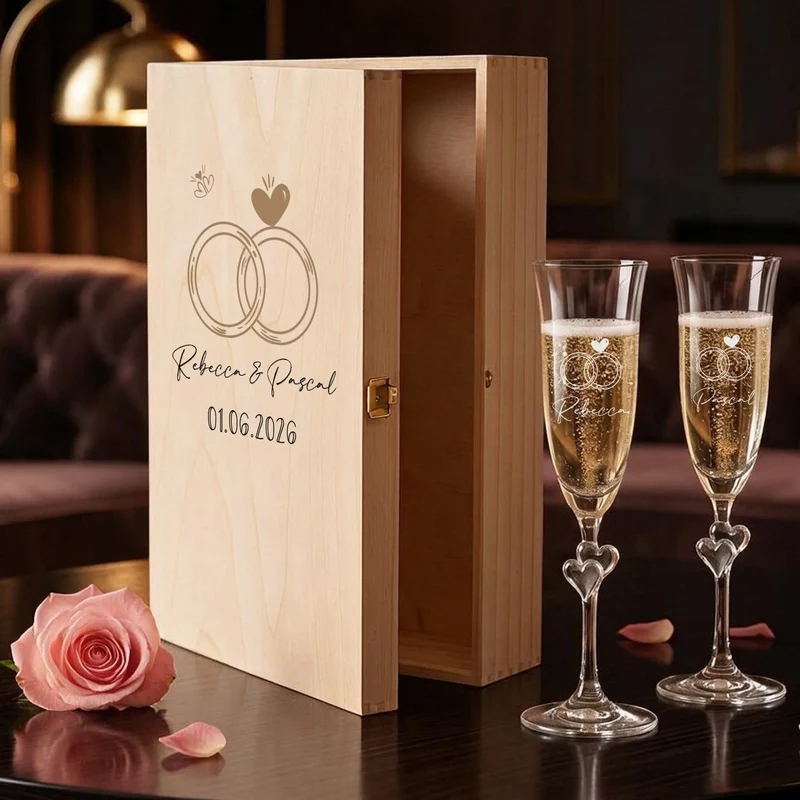 Sekt Hochzeitsgeschenk mit Sektgläsern in Holzbox personalisiert