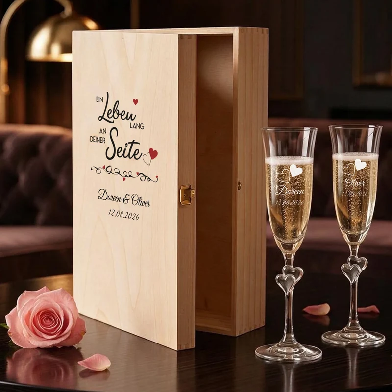 Sektgeschenk zur Hochzeit, individuell mit deinen Namen in bedruckter Holzbox
