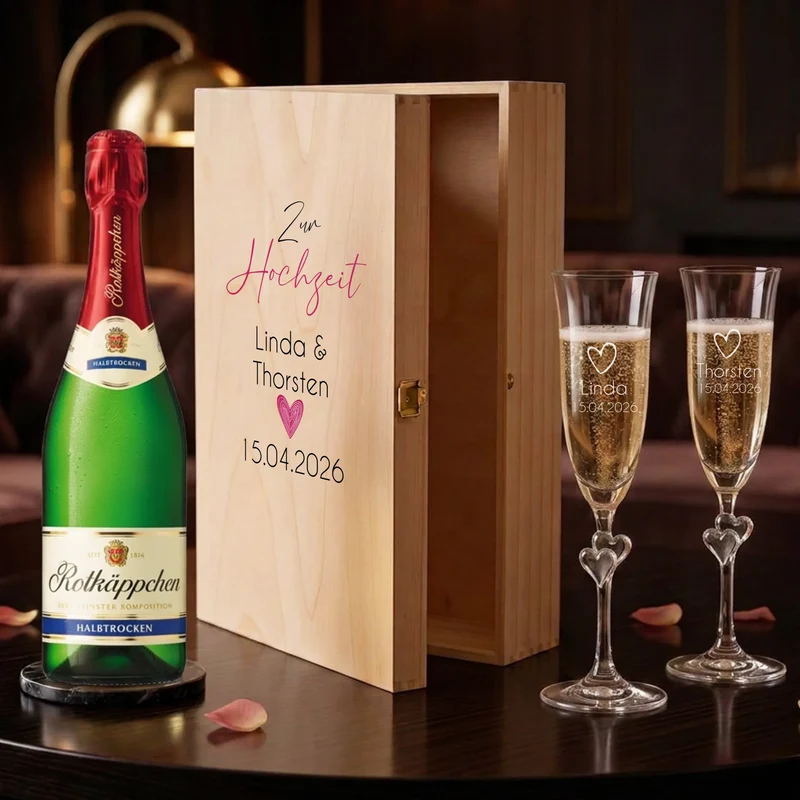 Bedruckte Sektgeschenk Box mit gravierten Sektgläsern