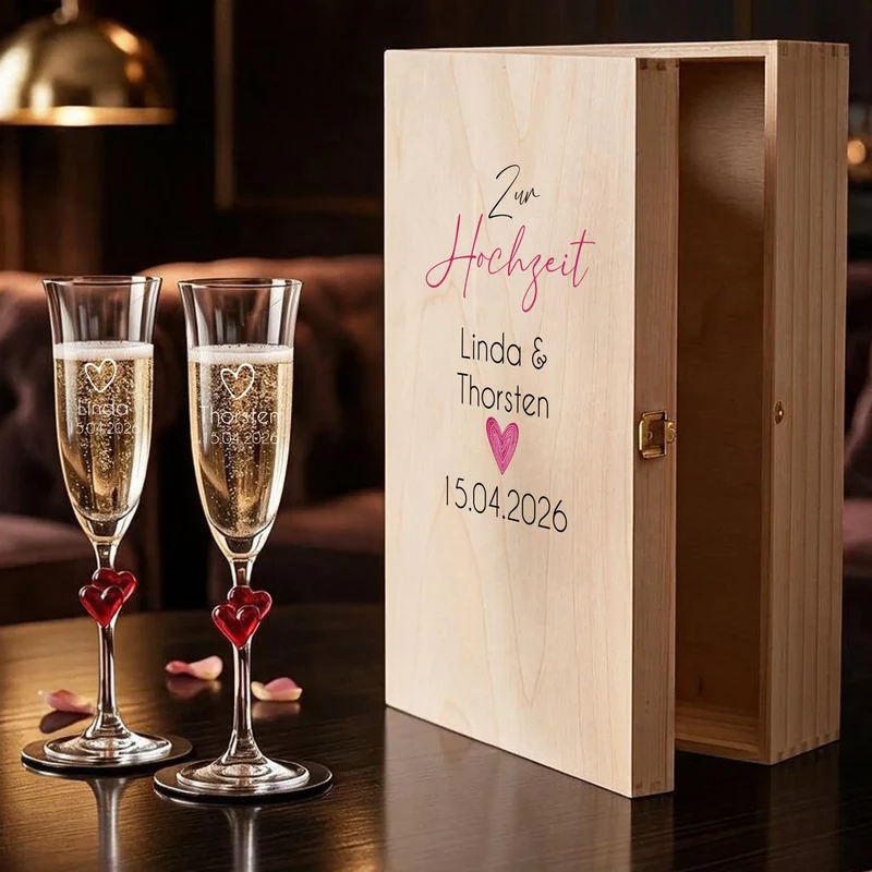 Bedruckte Sektgeschenk Box mit gravierten Sektgläsern