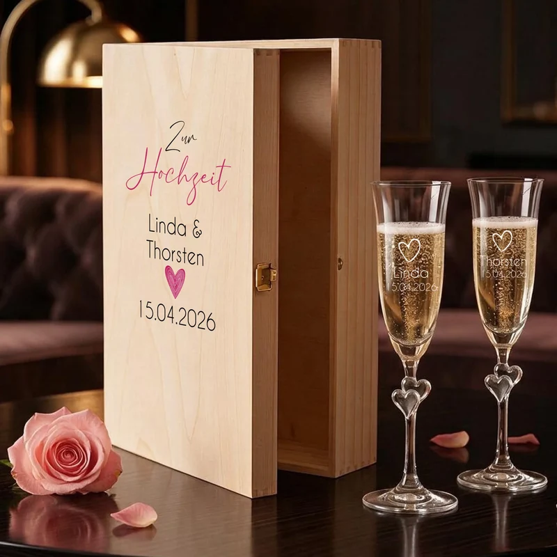 Bedruckte Sektgeschenk Box mit gravierten Sektgläsern