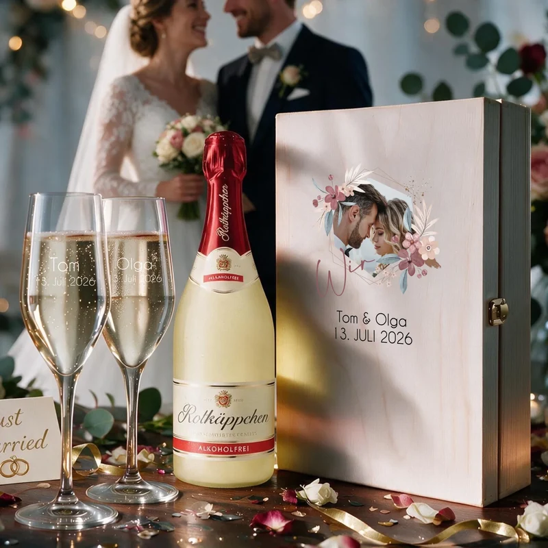 Individuelles Sekt Geschenkset mit eigenem Foto auf der Holzkiste zur Hochzeit