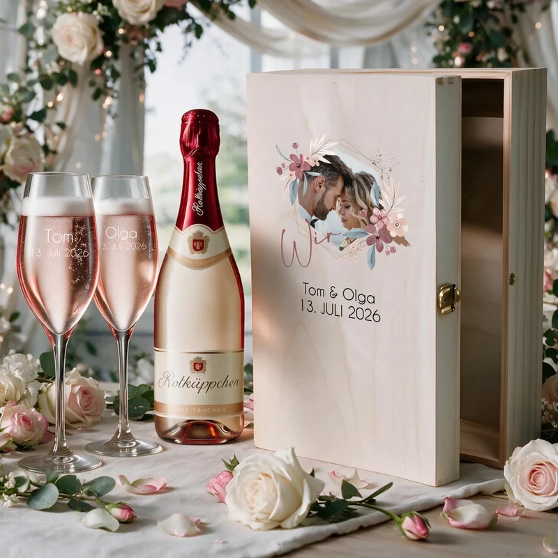 Individuelles Sekt Geschenkset mit eigenem Foto auf der Holzkiste zur Hochzeit