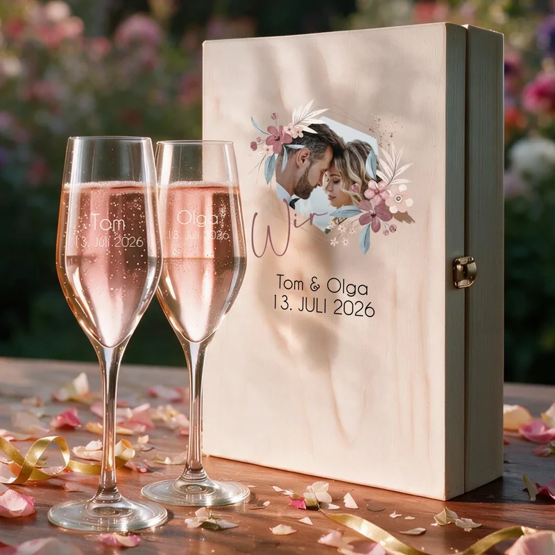 Individuelles Sekt Geschenkset mit eigenem Foto auf der Holzkiste zur Hochzeit