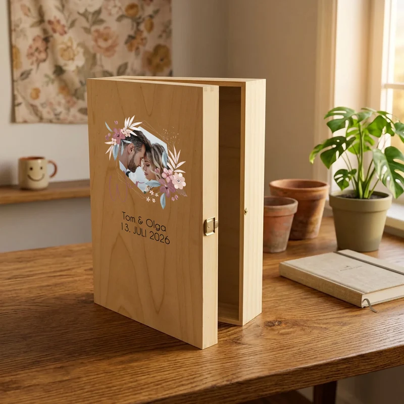 Individuelles Sekt Geschenkset mit eigenem Foto auf der Holzkiste zur Hochzeit