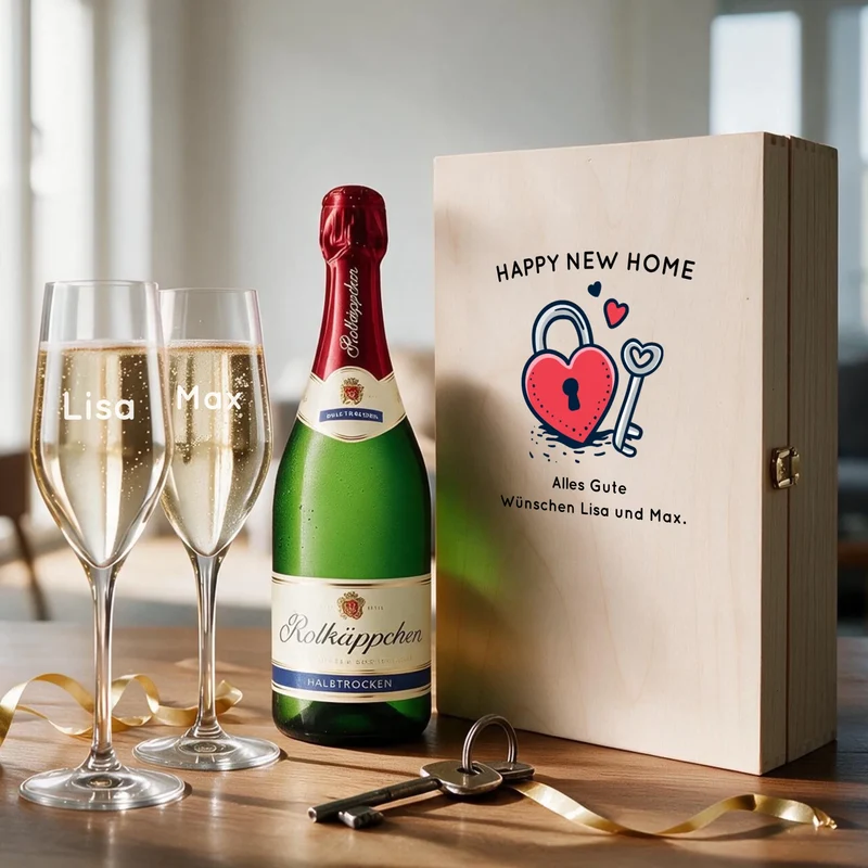 Sekt Einzugsgeschenk mit gravierten Gläsern und bedruckter Holzkiste