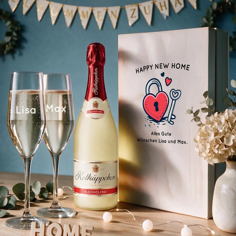 Sekt Einzugsgeschenk mit gravierten Gläsern und bedruckter Holzkiste