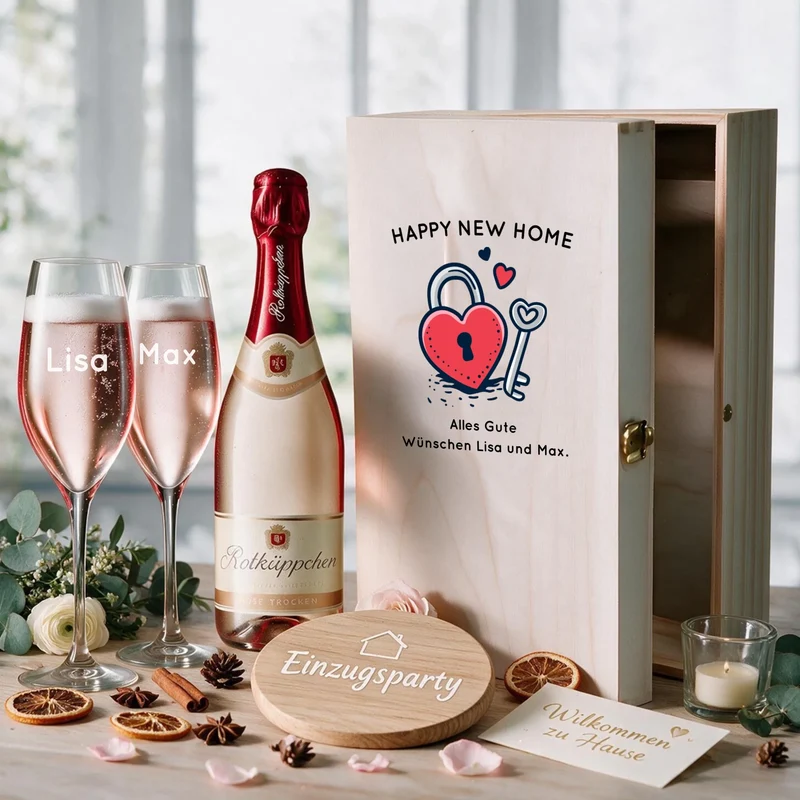 Sekt Einzugsgeschenk mit gravierten Gläsern und bedruckter Holzkiste