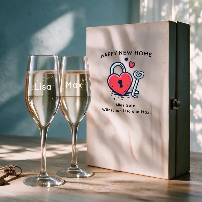 Sekt Einzugsgeschenk mit gravierten Gläsern und bedruckter Holzkiste