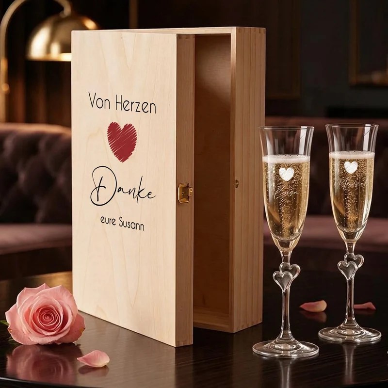 Individuelles Sektgeschenk um Danke zu sagen, Sektgläser in Holzbox