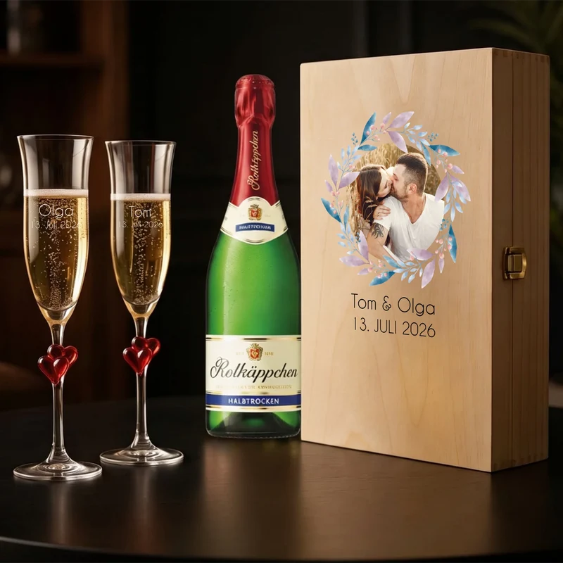 Hochzeit Sektgeschenk mit deinem Foto, Namen und Datum personalisiert