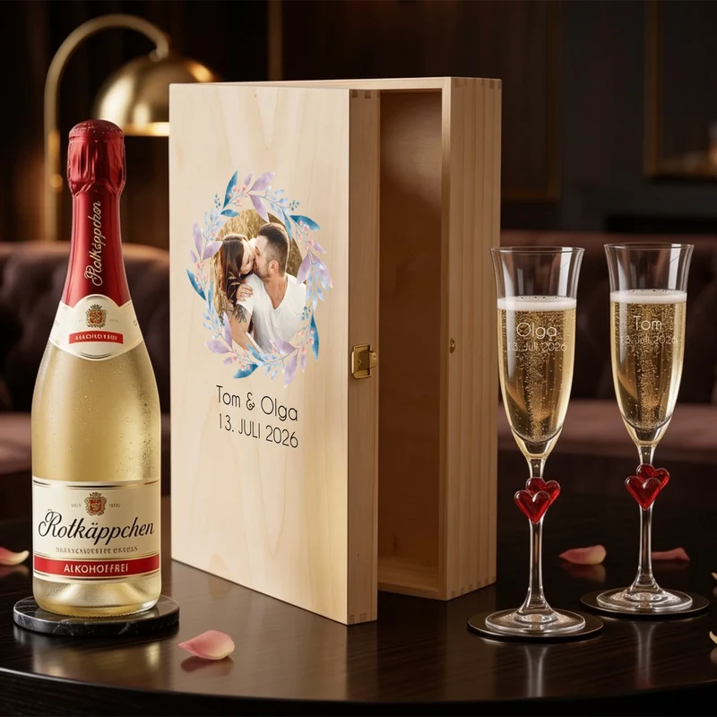 Hochzeit Sektgeschenk mit deinem Foto, Namen und Datum personalisiert