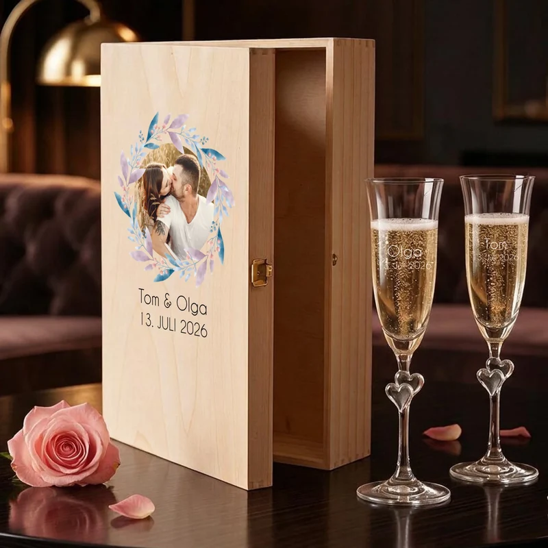 Hochzeit Sektgeschenk mit deinem Foto, Namen und Datum personalisiert
