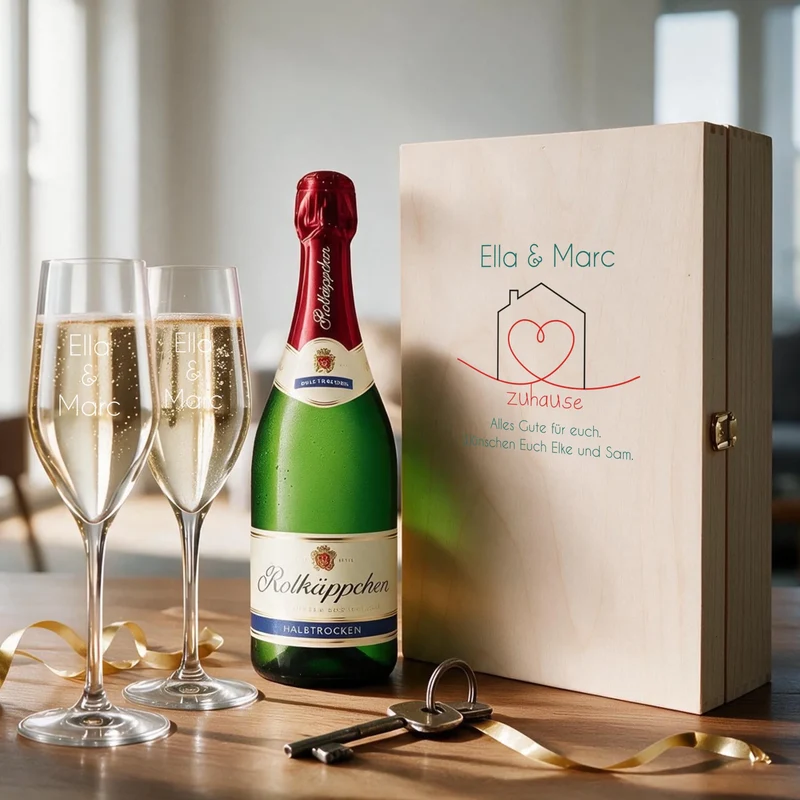 Bedrucktes Sekt Geschenk zum Einzug mit gravierten Gläser und bedruckter Kiste