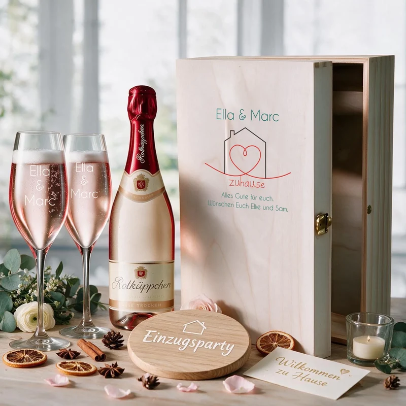 Bedrucktes Sekt Geschenk zum Einzug mit gravierten Gläser und bedruckter Kiste