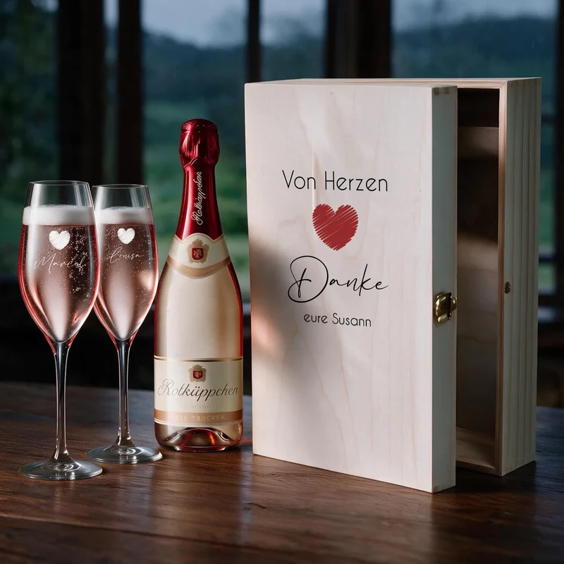 Individuelles Sekt Geschenk mit Sektgläsern in Holzkiste als Dankeschön