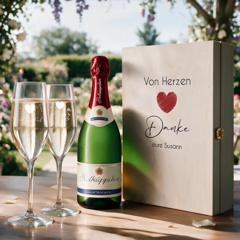 Individuelles Sekt Geschenk mit Sektgläsern in Holzkiste als Dankeschön