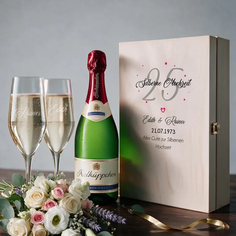 Sektgeschenk zur Silberhochzeit | Goldene Hochzeit mit 2 gravierten Sektgläsern in Holzkiste
