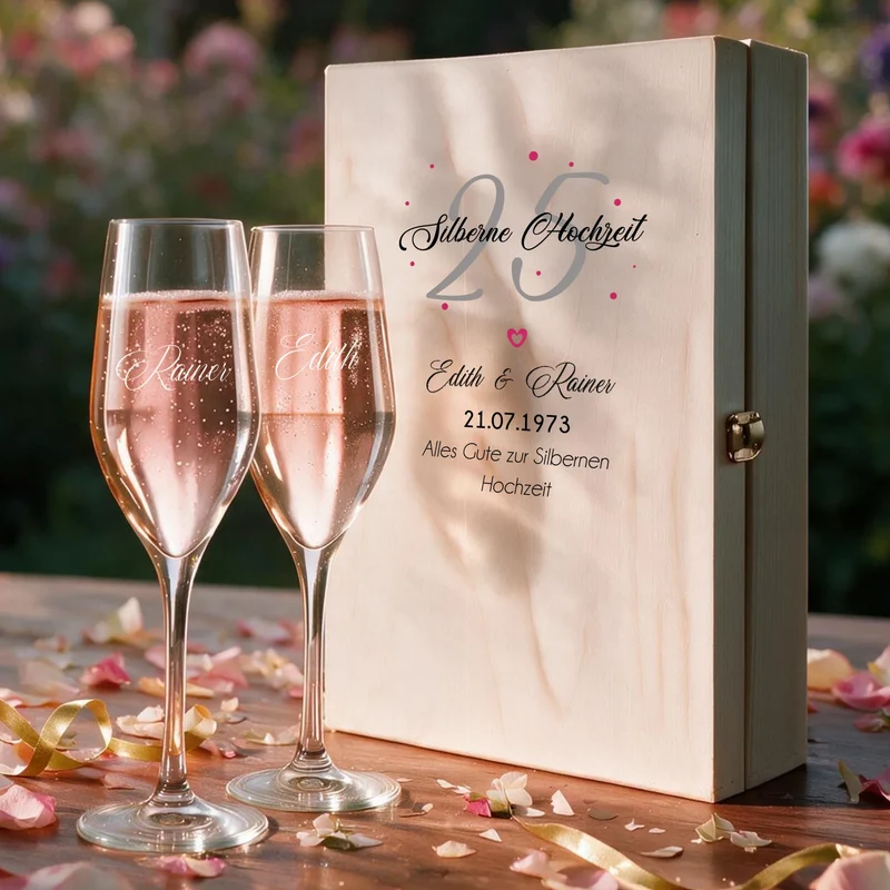 Sektgeschenk zur Silberhochzeit | Goldene Hochzeit mit 2 gravierten Sektgläsern in Holzkiste