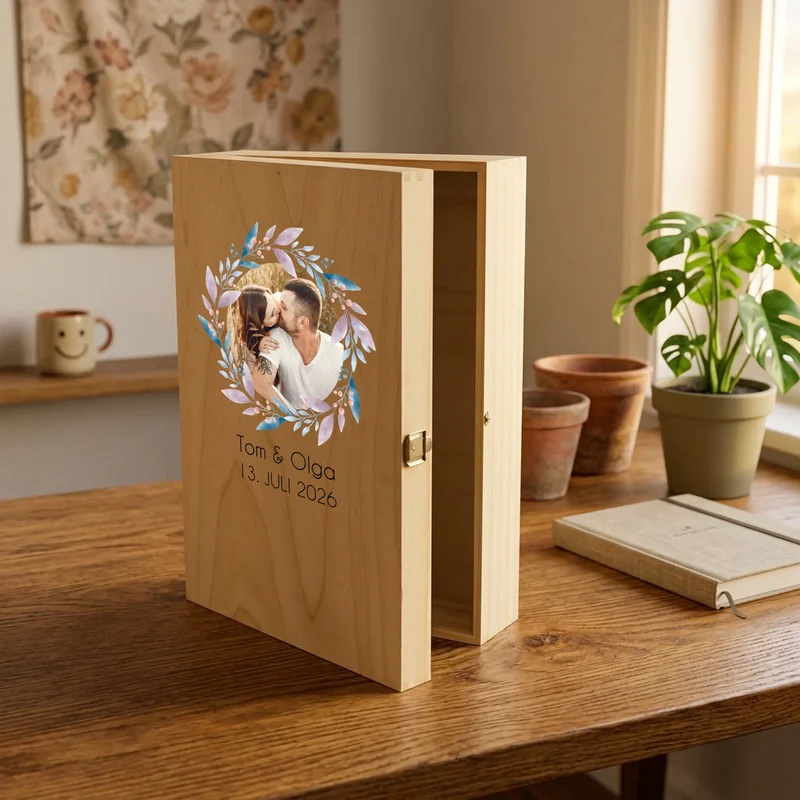 Personalisiertes Sekt Geschenkset mit eigenem Foto auf der Holzkiste zur Hochzeit