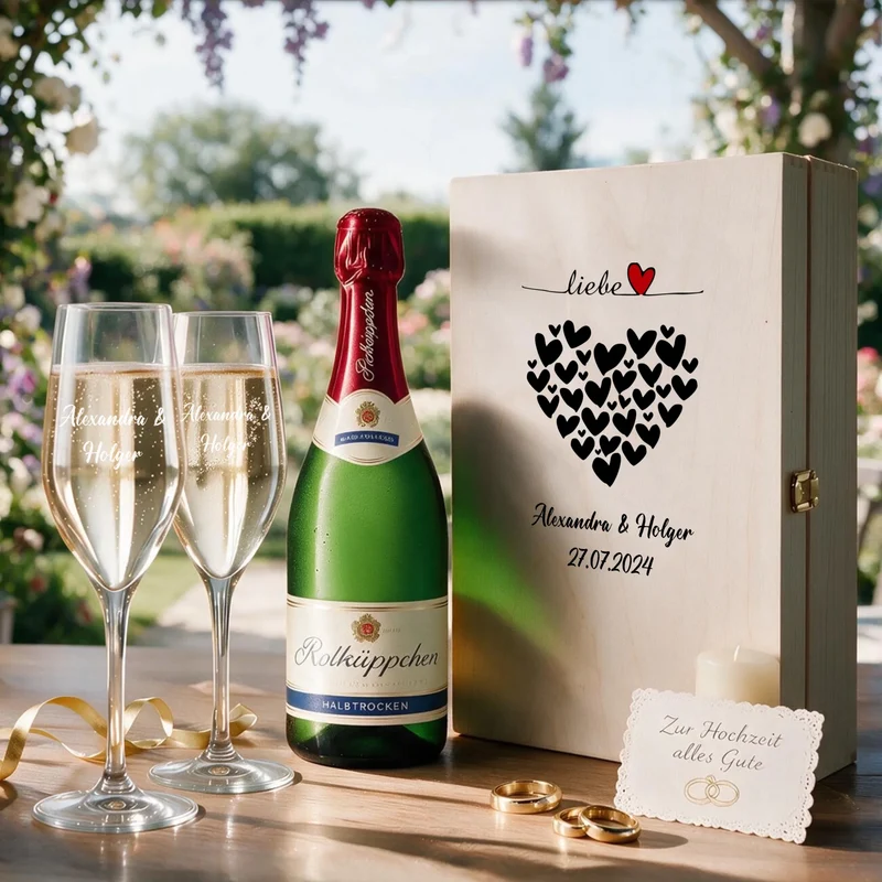 Sekt Geschenkset zur Hochzeit mit 2 Gläsern in bedruckter Holzbox