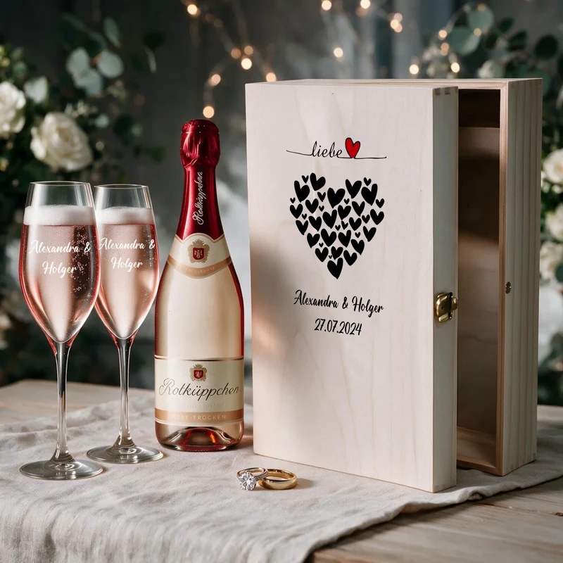 Sekt Geschenkset zur Hochzeit mit 2 Gläsern in bedruckter Holzbox