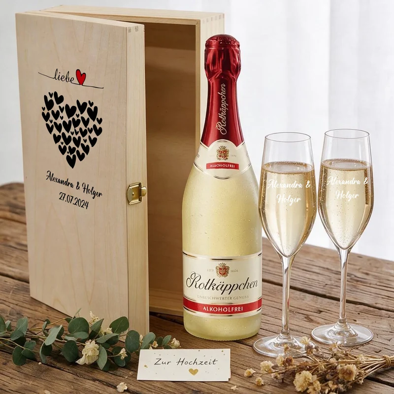 Sekt Geschenkset zur Hochzeit mit 2 Gläsern in bedruckter Holzbox