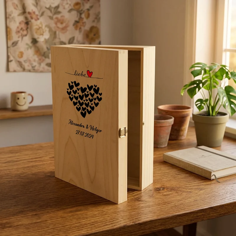 Sekt Geschenkset zur Hochzeit mit 2 Gläsern in bedruckter Holzbox
