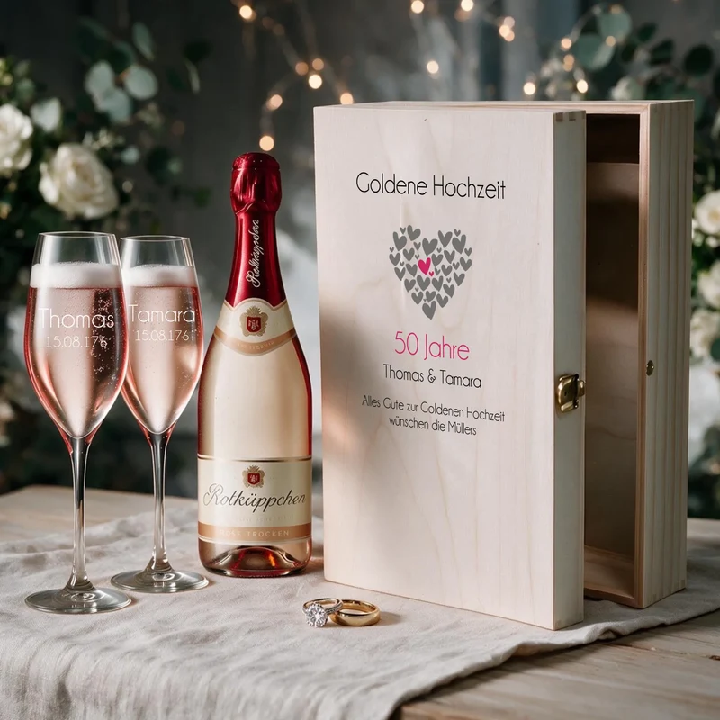 Sekt Geschenkset zum Hochzeitsjubiläum mit 2 Gläsern in bedruckter Holzkiste