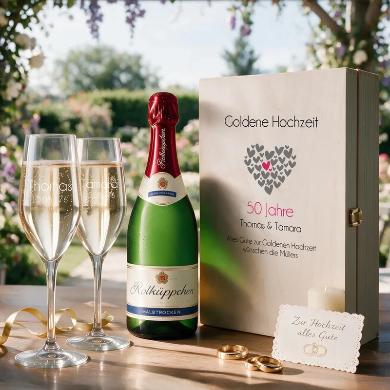 Sekt Geschenkset zum Hochzeitsjubiläum mit 2 Gläsern in bedruckter Holzkiste