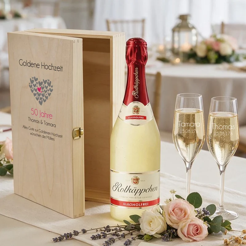 Sekt Geschenkset zum Hochzeitsjubiläum mit 2 Gläsern in bedruckter Holzkiste
