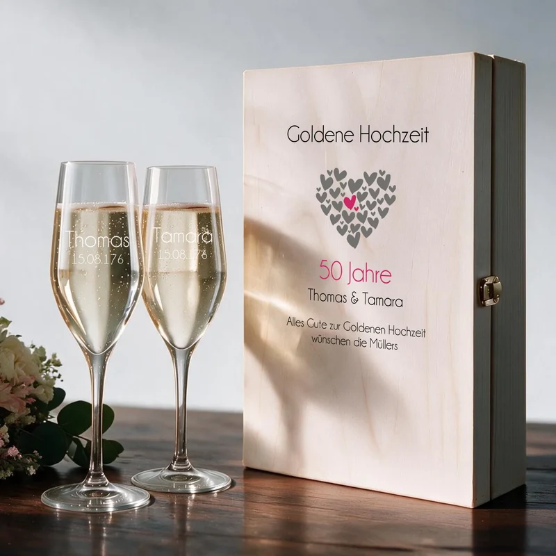 Sekt Geschenkset zum Hochzeitsjubiläum mit 2 Gläsern in bedruckter Holzkiste