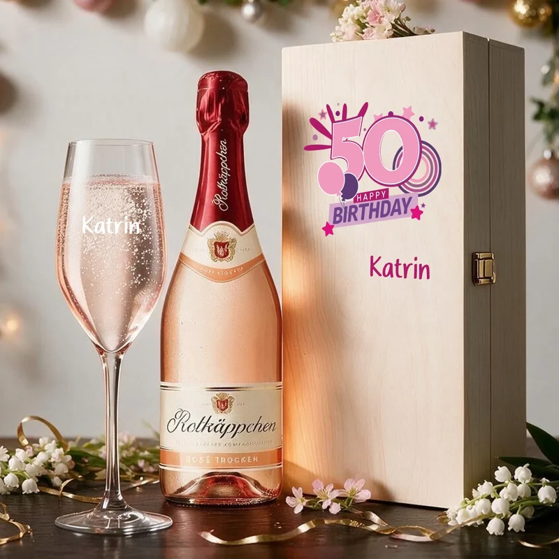 Individuelles Geschenkset zum 50. Geburtstag mit graviertem Sektglas in Holzkiste