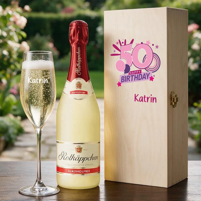 Individuelles Geschenkset zum 50. Geburtstag mit graviertem Sektglas in Holzkiste