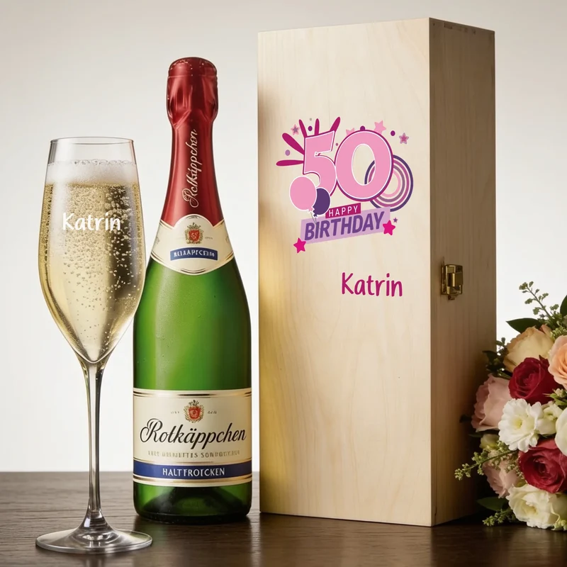 Individuelles Geschenkset zum 50. Geburtstag mit graviertem Sektglas in Holzkiste