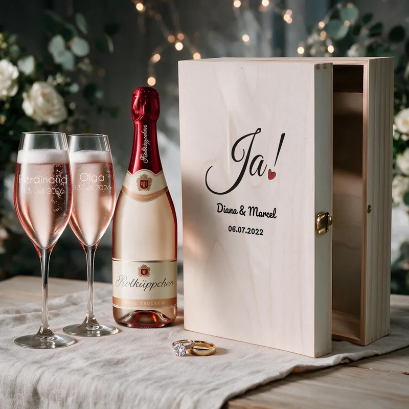 Geschenkset zur Hochzeit mit 2 Sektgläsern in bedruckter Holzbox