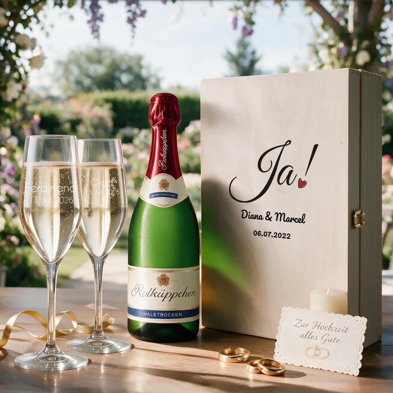 Geschenkset zur Hochzeit mit 2 Sektgläsern in bedruckter Holzbox