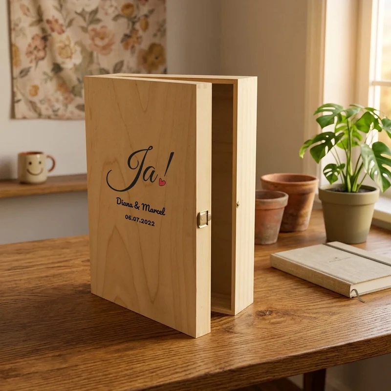 Geschenkset zur Hochzeit mit 2 Sektgläsern in bedruckter Holzbox