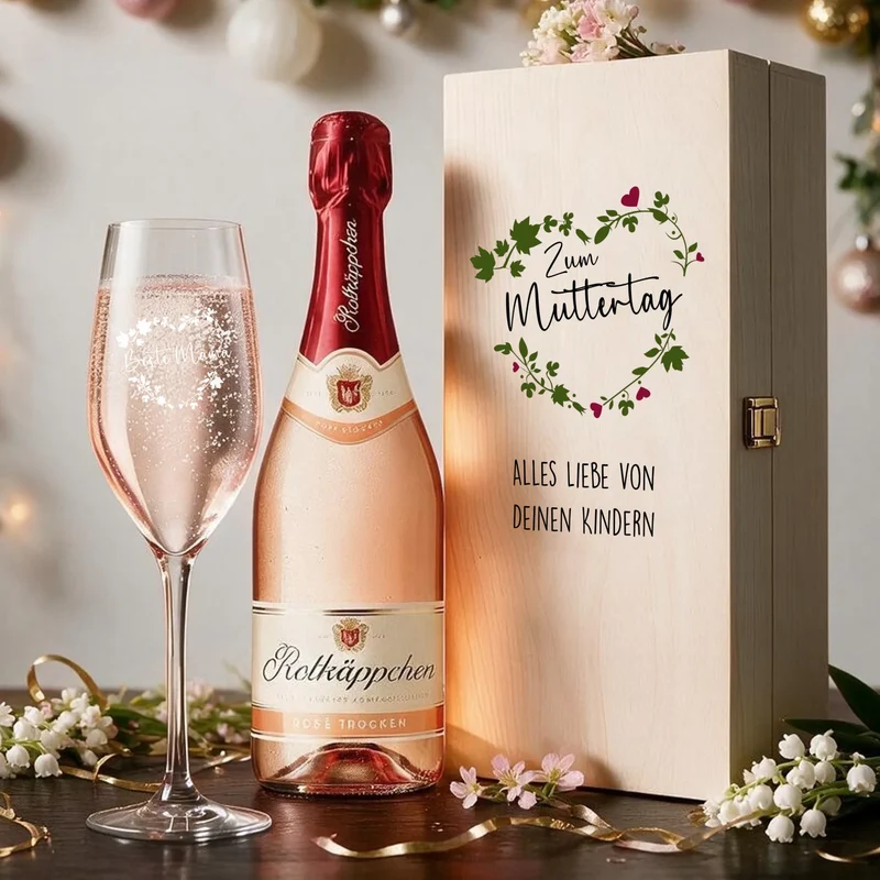 Geschenkset zum Muttertag/ für die Mama mit graviertem Sektglas in Holzkiste