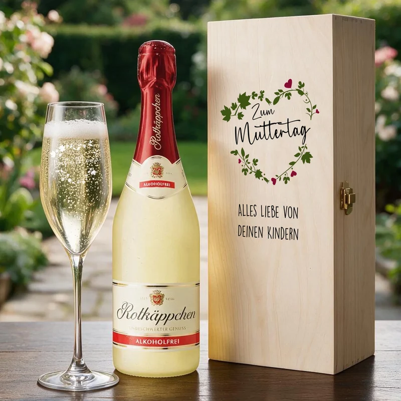 Geschenkset zum Muttertag/ für die Mama mit graviertem Sektglas in Holzkiste