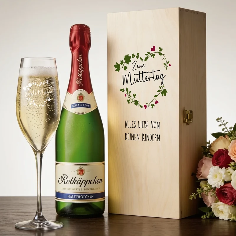 Geschenkset zum Muttertag/ für die Mama mit graviertem Sektglas in Holzkiste