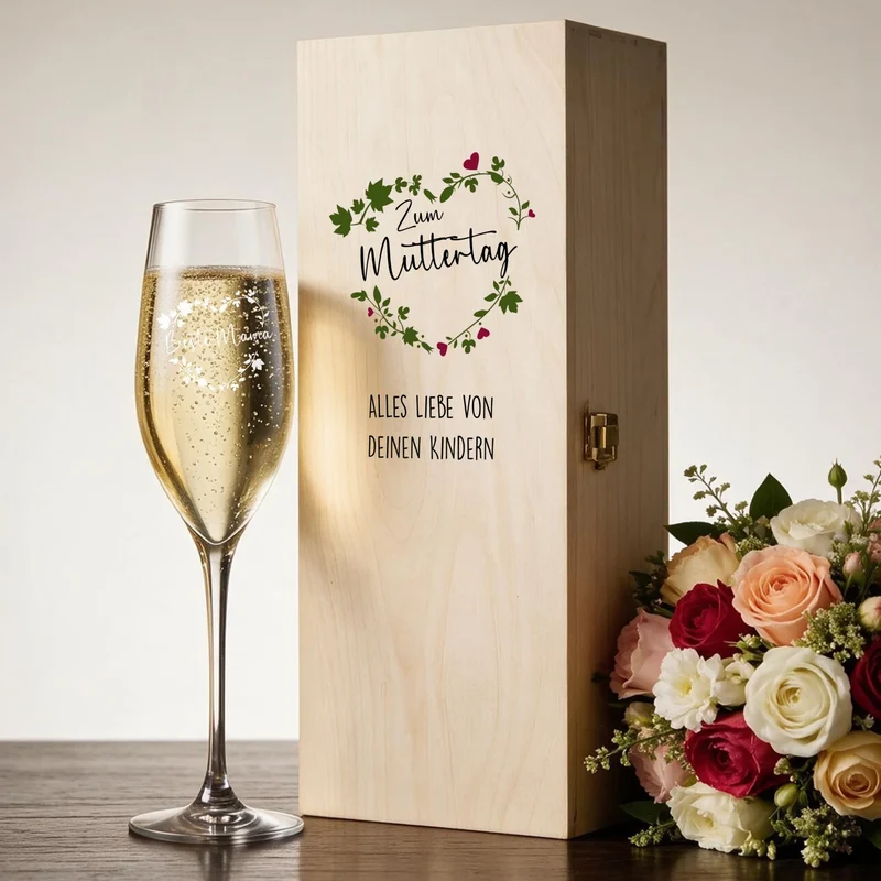 Geschenkset zum Muttertag/ für die Mama mit graviertem Sektglas in Holzkiste