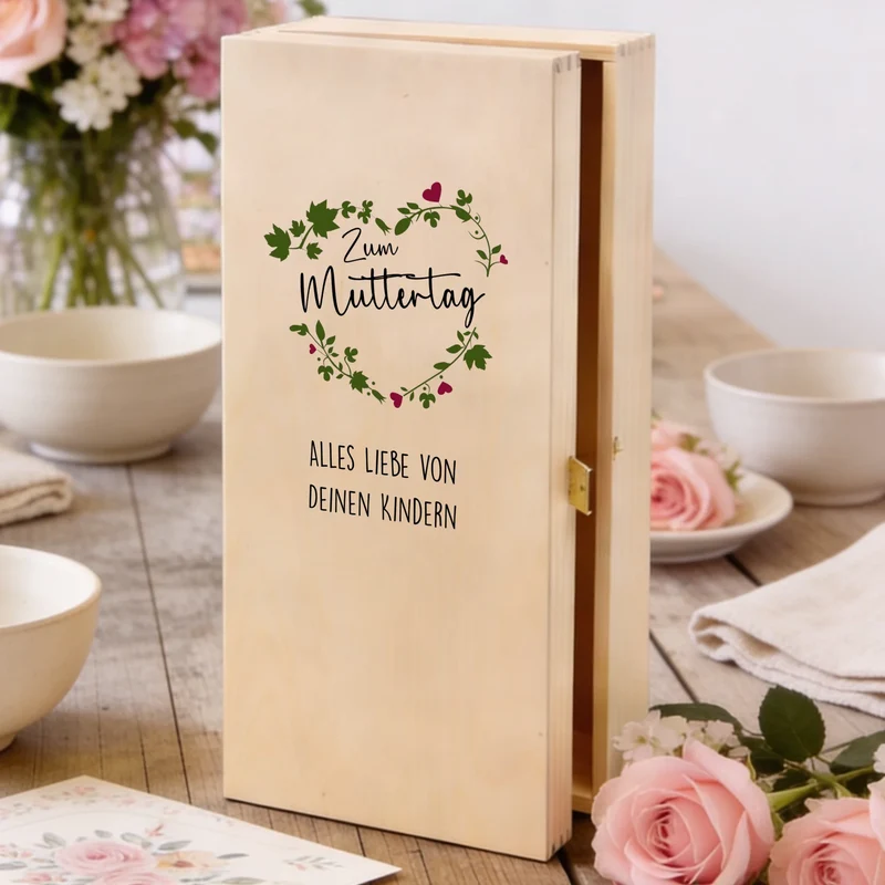 Geschenkset zum Muttertag/ für die Mama mit graviertem Sektglas in Holzkiste