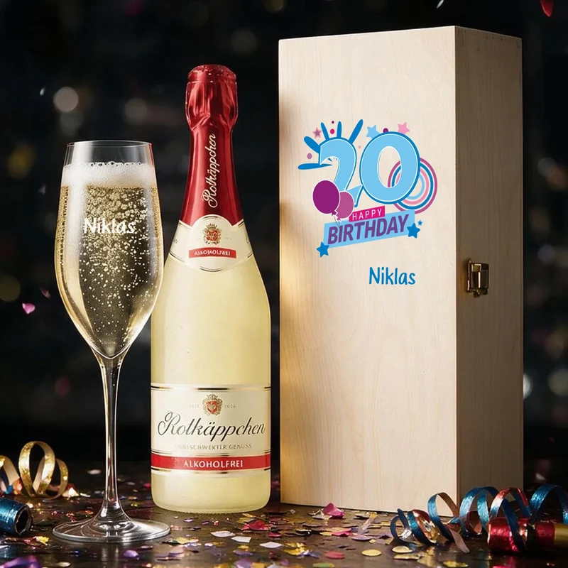 Geschenkset zum 20/30/40/50/60 Geburtstag mit graviertem Sektglas in Holzbox