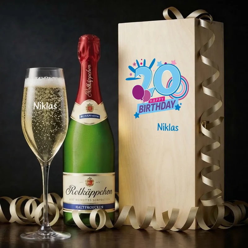 Geschenkset zum 20/30/40/50/60 Geburtstag mit graviertem Sektglas in Holzbox