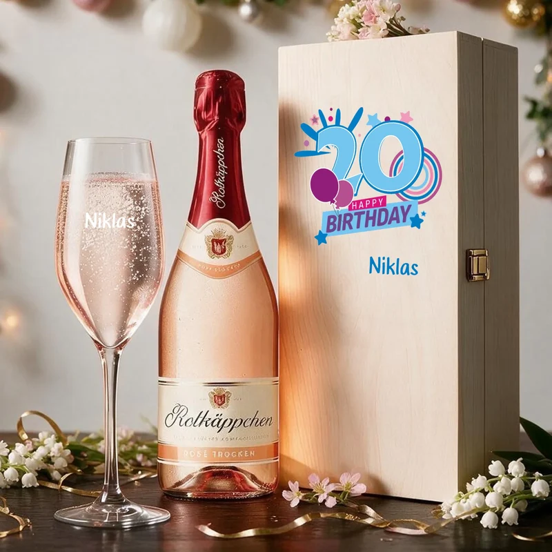 Geschenkset zum 20/30/40/50/60 Geburtstag mit graviertem Sektglas in Holzbox