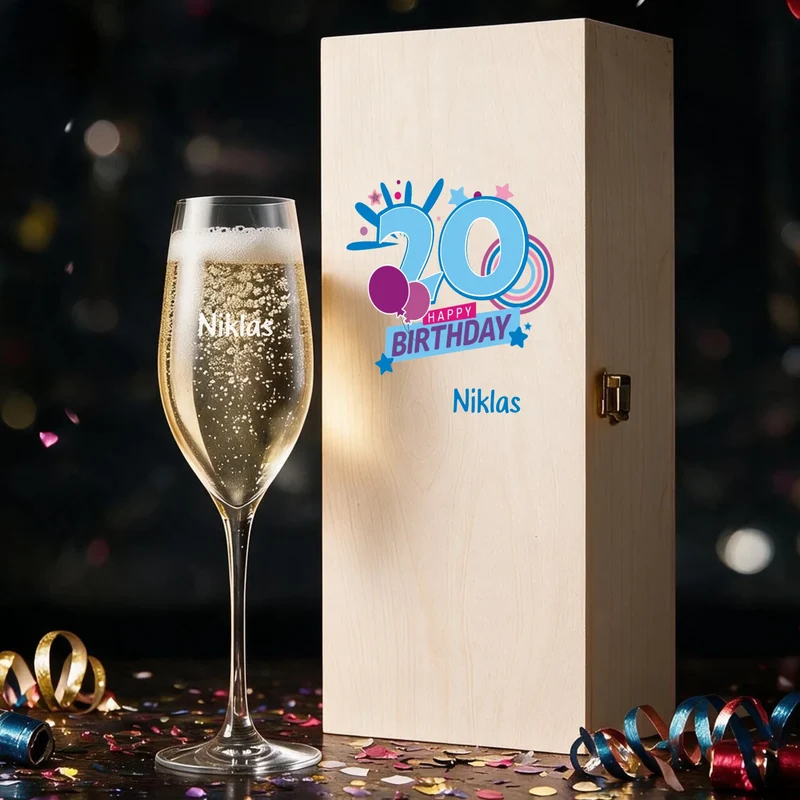 Geschenkset zum 20/30/40/50/60 Geburtstag mit graviertem Sektglas in Holzbox